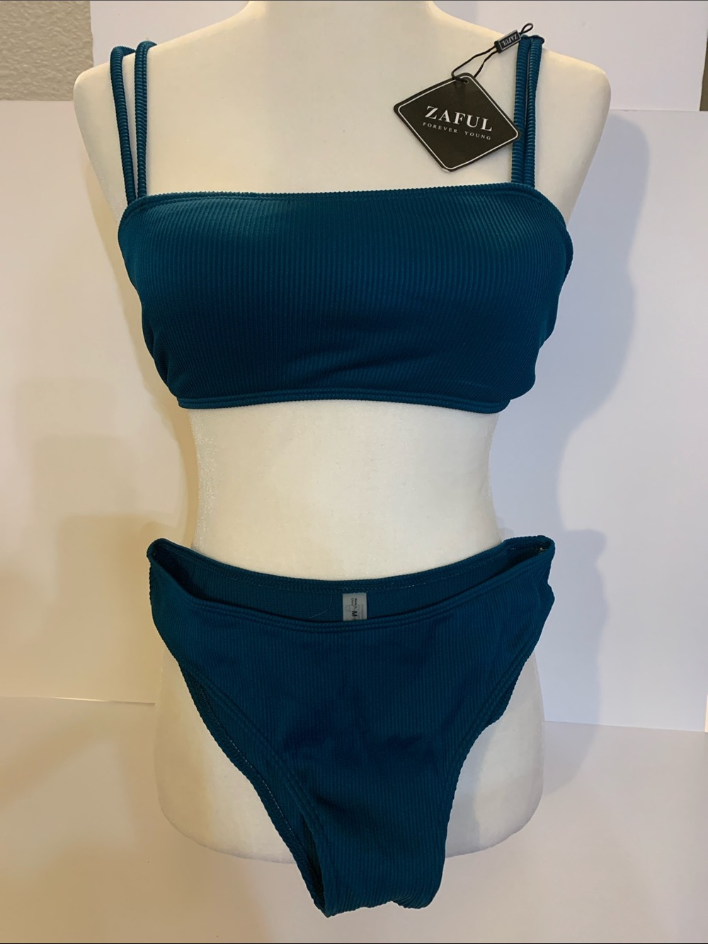 Zaful Teal Ribbed Bandeau Bikini Set Size Medium